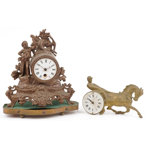 366 - Two 19th century French mantle clocks comprising a gilt spelter example on stand surmounted with a s... 