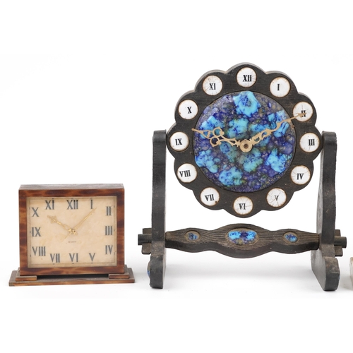 525 - Three Art Deco mantle clocks including a faux tortoiseshell eight day example and a hardwood swingin... 