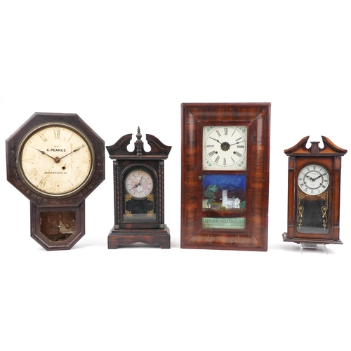 1380 - Four clocks including two American wall examples, one having circular dial and inscribed Examined by... 