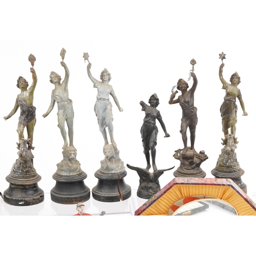 1580 - Sundry items including spelter figures, porcelain ashtray surmounted with a cold painted cast metal ... 