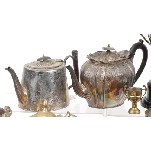 1379 - Silver plated metalware including pair of campana urns, trophy, coffee pot and teapot