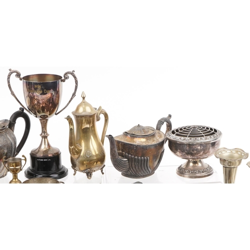 1379 - Silver plated metalware including pair of campana urns, trophy, coffee pot and teapot