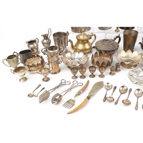 1379 - Silver plated metalware including pair of campana urns, trophy, coffee pot and teapot