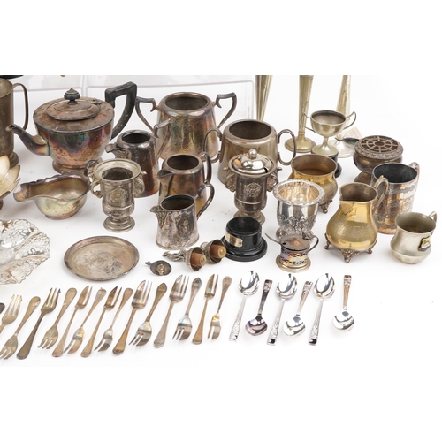 1379 - Silver plated metalware including pair of campana urns, trophy, coffee pot and teapot