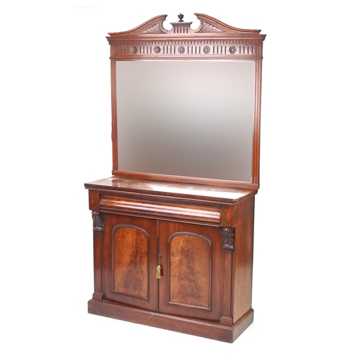 1039A - Victorian mahogany side cupboard with mirrored back above frieze drawer and pair of cupboard doors, ... 