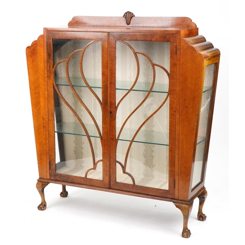 Art Deco inlaid walnut fan design display cabinet with glazed doors on claw and ball feet, 130cm H x 119cm W x 31cm D