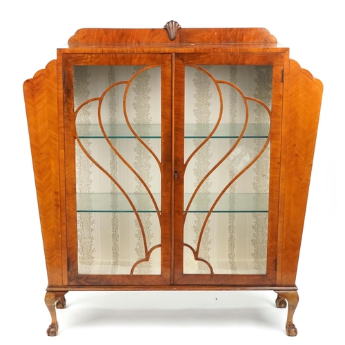 1045 - Art Deco inlaid walnut fan design display cabinet with glazed doors on claw and ball feet, 130cm H x... 