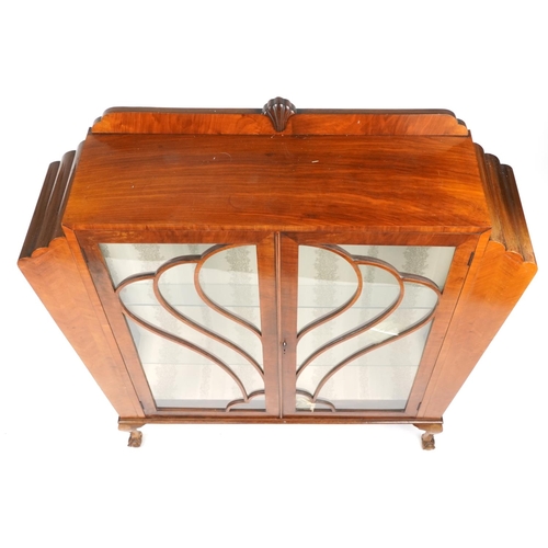 1045 - Art Deco inlaid walnut fan design display cabinet with glazed doors on claw and ball feet, 130cm H x... 