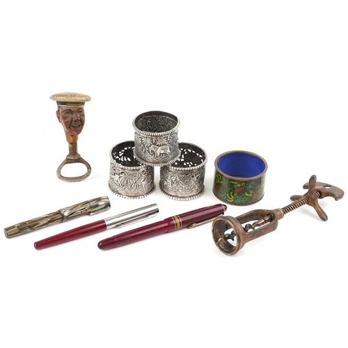 486 - 19th century and later sundry items including three Anglo Indian white metal napkin rings embossed w... 