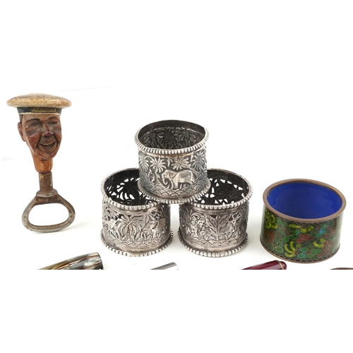 486 - 19th century and later sundry items including three Anglo Indian white metal napkin rings embossed w... 