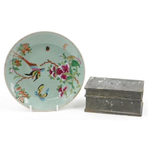 1319 - Chinese Canton famille rose plate and a Kut Hing pewter tea caddy with liner, the largest 21.5cm in ... 