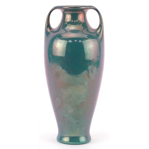 315 - F T Lukas of Utrecht, Dutch Art Nouveau vase with twin handles having an iridescent blue glaze, numb... 