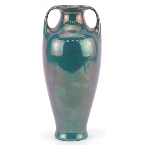 315 - F T Lukas of Utrecht, Dutch Art Nouveau vase with twin handles having an iridescent blue glaze, numb... 