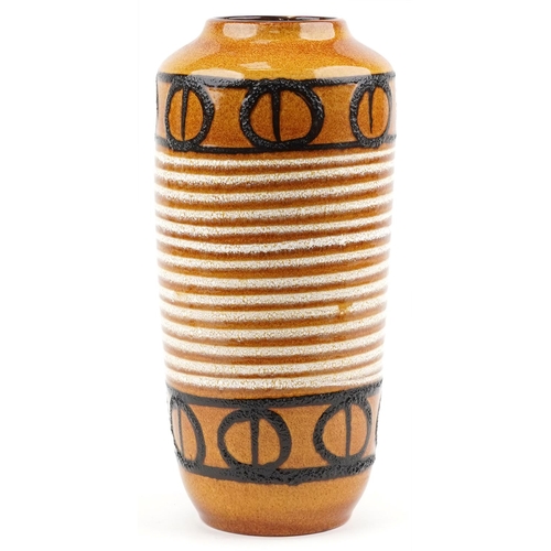 1301 - Scheurich, large mid century West German brown glazed vase hand painted with stylised motifs, 45cm h... 
