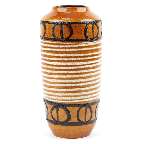 1301 - Scheurich, large mid century West German brown glazed vase hand painted with stylised motifs, 45cm h... 