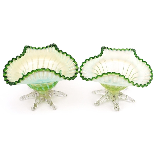 479 - Pair of Victorian six footed Vaseline frilled glass bowls, 12cm in diameter