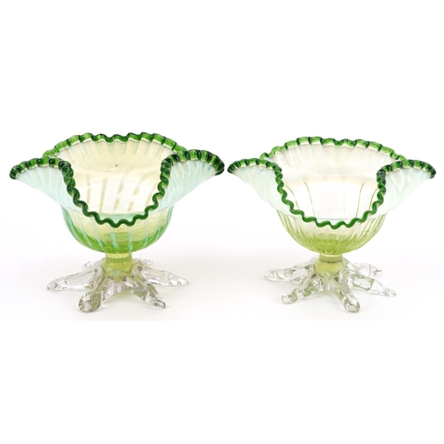 479 - Pair of Victorian six footed Vaseline frilled glass bowls, 12cm in diameter