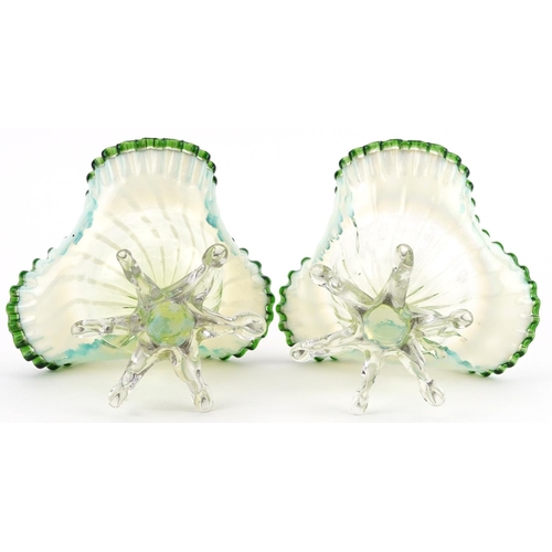 479 - Pair of Victorian six footed Vaseline frilled glass bowls, 12cm in diameter