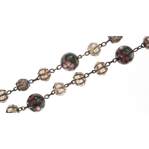 2754 - Chinese filigree silver and enamel cloisonne necklace, 72cm in length, 66.6g