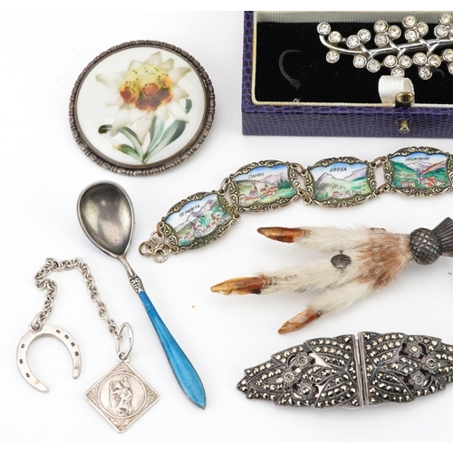 2776 - Antique and later jewellery and a silver and guilloche enamel mustard spoon, including a silver moun... 