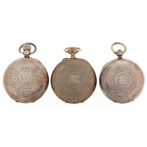 2762 - Three Victorian and later silver key wind and keyless pocket watches comprising The Farringdon B, Ze... 