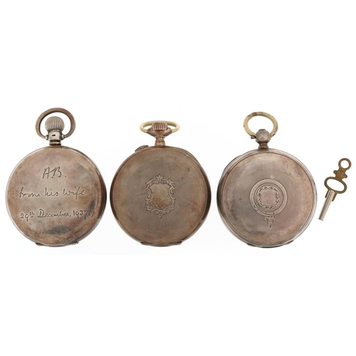 2762 - Three Victorian and later silver key wind and keyless pocket watches comprising The Farringdon B, Ze... 