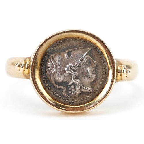 2209 - Antique Greek silver coin housed in a 14ct gold ring mount, impressed Warrior, size O/P, 4.1g