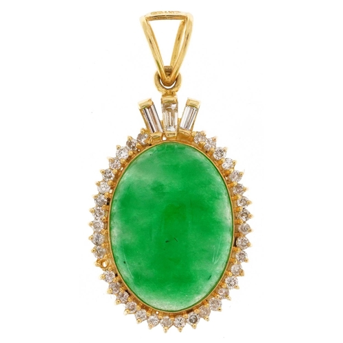 18ct Chinese gold green jade cabochon and diamond pendant, each round diamond approximately 1.10mm in diameter, 3.5cm high, 6.2g