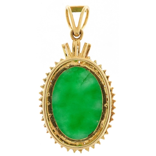 2240 - 18ct Chinese gold green jade cabochon and diamond pendant, each round diamond approximately 1.10mm i... 