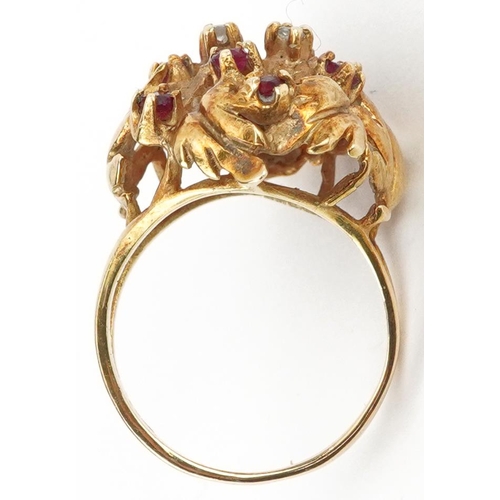 2245 - 14ct gold diamond and ruby naturalistic cocktail ring, each stone approximately 2.0mm in diameter, s... 
