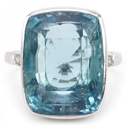 2203 - Art Deco style 18ct white gold aquamarine ring with diamond set shoulders, the aquamarine approximat... 