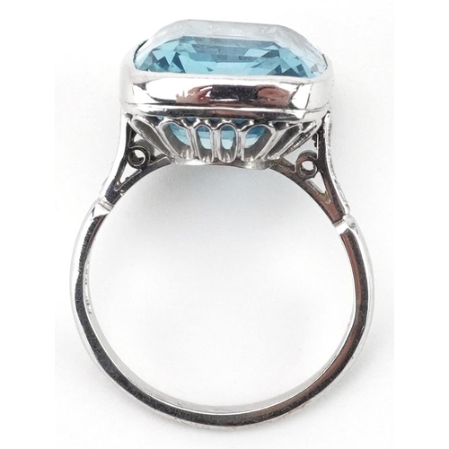 2203 - Art Deco style 18ct white gold aquamarine ring with diamond set shoulders, the aquamarine approximat... 