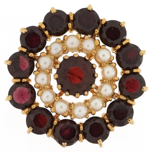2242 - Antique style 9ct gold garnet and seed pearl cluster brooch, 2.7cm in diameter, 8.4g