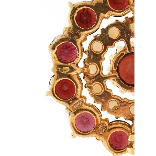 2242 - Antique style 9ct gold garnet and seed pearl cluster brooch, 2.7cm in diameter, 8.4g