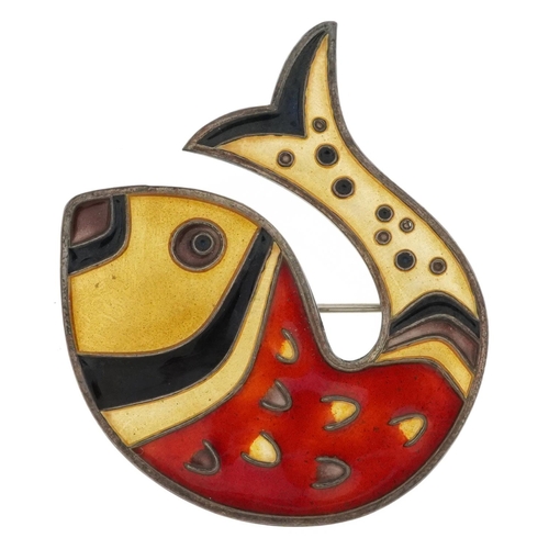 David Andersen, Norwegian mid century sterling 925S silver and enamel abstract brooch in the form of a fish, 5cm high, 10.8g