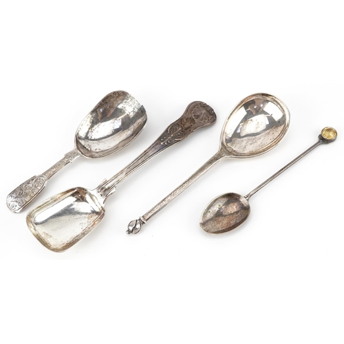 401 - Four Victorian and later silver spoons including a caddy spoon and one with citrine terminal, the la... 