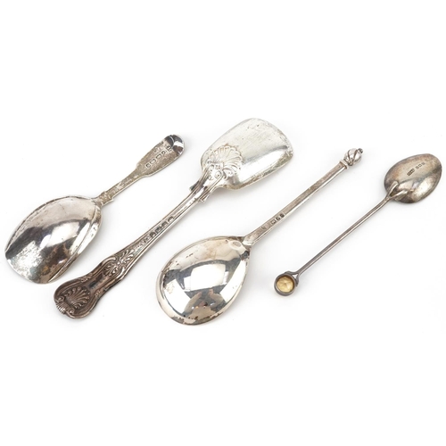 401 - Four Victorian and later silver spoons including a caddy spoon and one with citrine terminal, the la... 