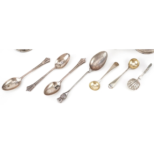 446 - Edwardian and later silver objects including a buttonhole napkin clip, napkin rings, teaspoons and m... 