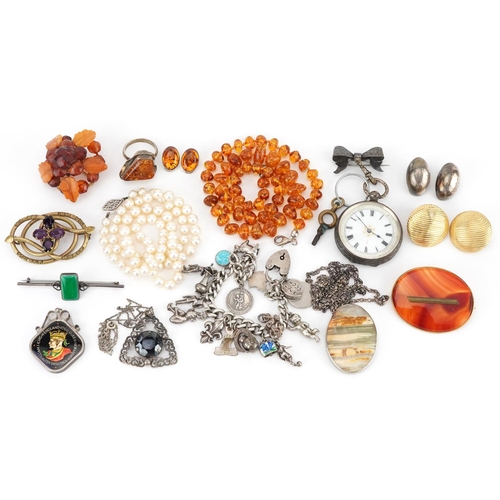 2806 - Antique and later jewellery and a ladies silver pocket watch including silver and natural amber jewe... 