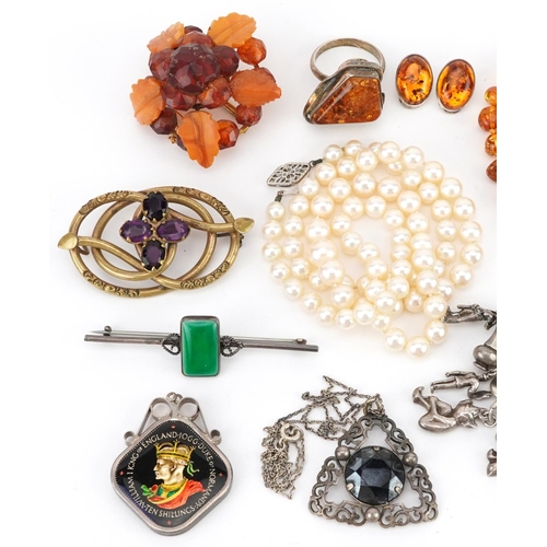 2806 - Antique and later jewellery and a ladies silver pocket watch including silver and natural amber jewe... 