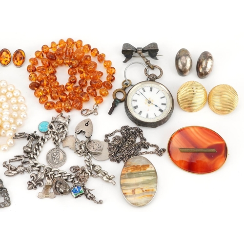 2806 - Antique and later jewellery and a ladies silver pocket watch including silver and natural amber jewe... 