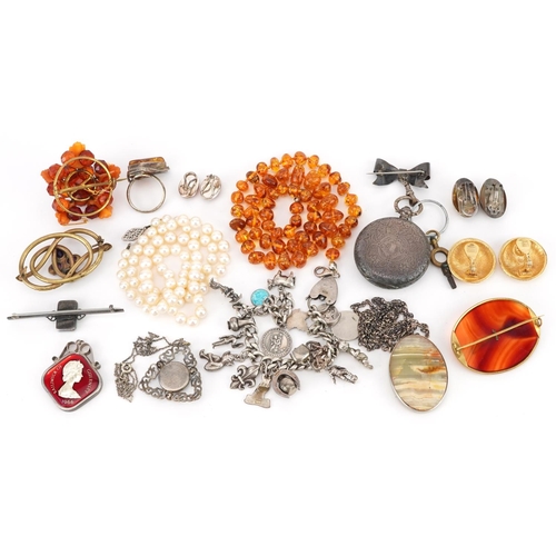 2806 - Antique and later jewellery and a ladies silver pocket watch including silver and natural amber jewe... 