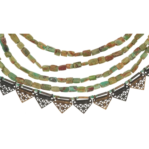 2757 - Egyptian Revival silver and faience turquoise five row necklace, 40cm in length, 56.2g