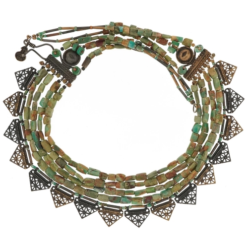 2757 - Egyptian Revival silver and faience turquoise five row necklace, 40cm in length, 56.2g