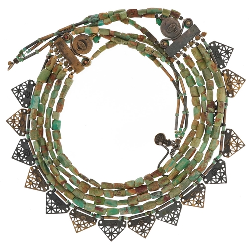 2757 - Egyptian Revival silver and faience turquoise five row necklace, 40cm in length, 56.2g