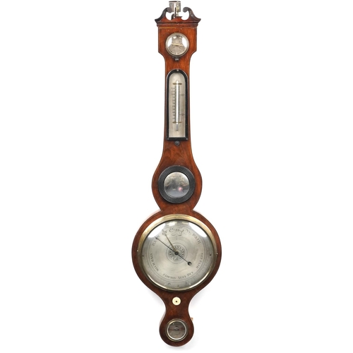 1500 - 19th century inlaid mahogany banjo barometer and thermometer with silvered dials, one engraved Barna... 