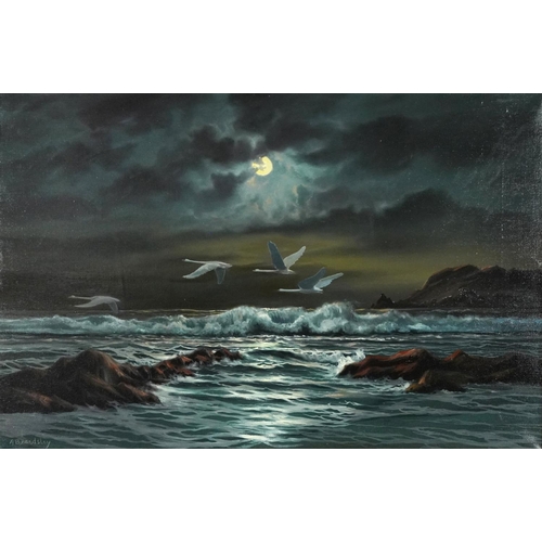 353 - Arnold Beardsley - Moonlit coastal scene with swans, 91cm x 61cm excluding the mount and frame