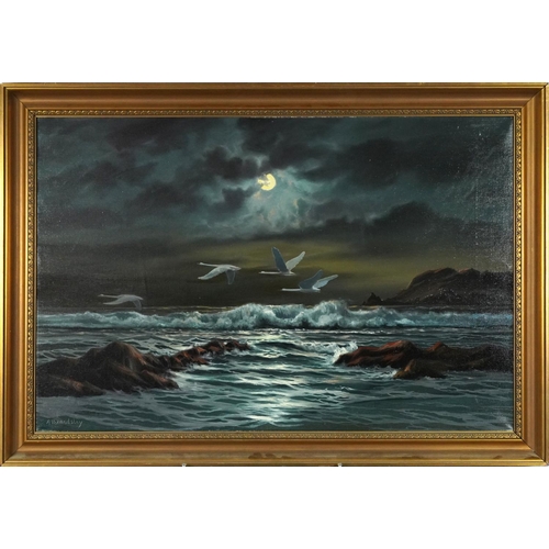 353 - Arnold Beardsley - Moonlit coastal scene with swans, 91cm x 61cm excluding the mount and frame