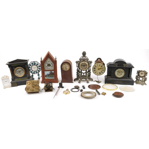 1370 - Clocks and accessories including Victorian black slate and marble mantle clock, Edwardian dome top e... 