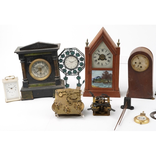 1370 - Clocks and accessories including Victorian black slate and marble mantle clock, Edwardian dome top e... 